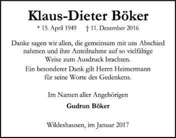 Traueranzeige von Klaus-Dieter Böker von SYK