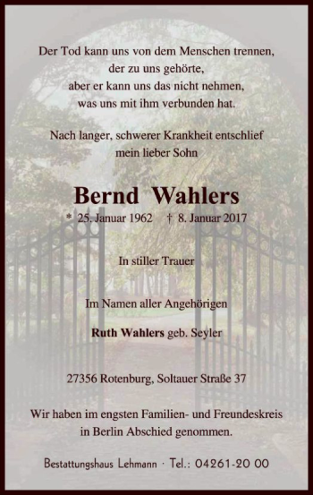 Traueranzeige von Bernd Wahlers von SYK