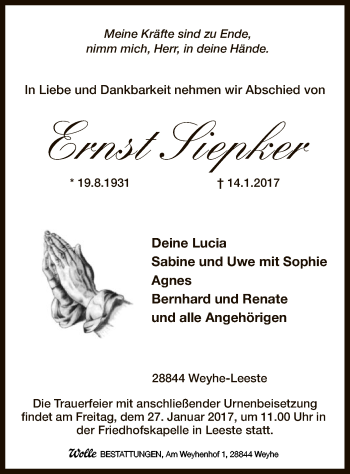 Traueranzeige von Ernst Siepker von SYK