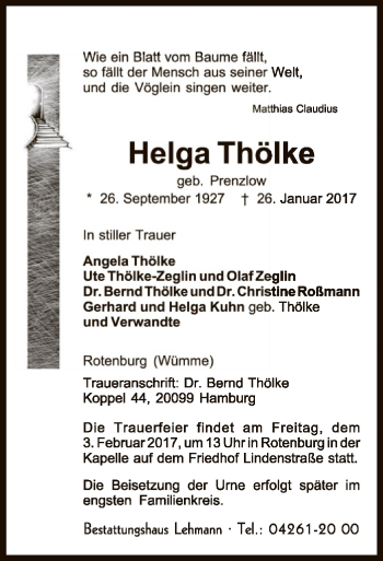 Traueranzeige von Helga Thölke von SYK