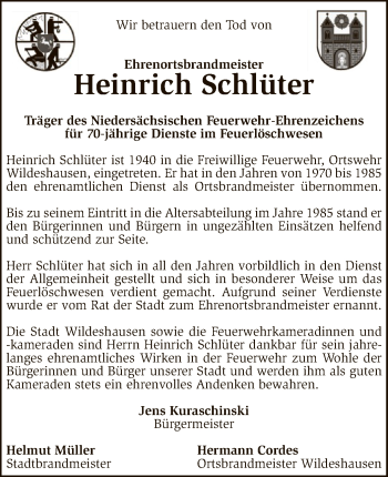 Traueranzeige von Heinrich Schlüter von SYK