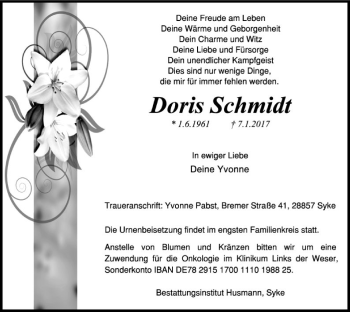 Traueranzeige von Doris Schmidt von SYK