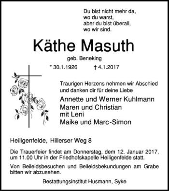 Traueranzeige von Käthe Masuth von SYK