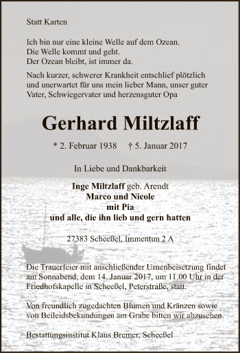 Traueranzeige von Gerhard Miltzlaff von SYK