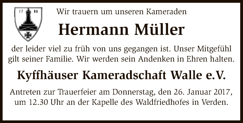  Traueranzeige für Hermann Müller vom 25.01.2017 aus SYK