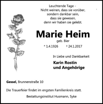 Traueranzeige von Marie Heim von SYK