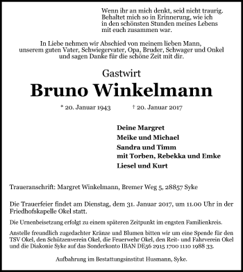Traueranzeige von Bruno Winkelmann von SYK