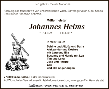 Traueranzeige von Johannes Helms von SYK