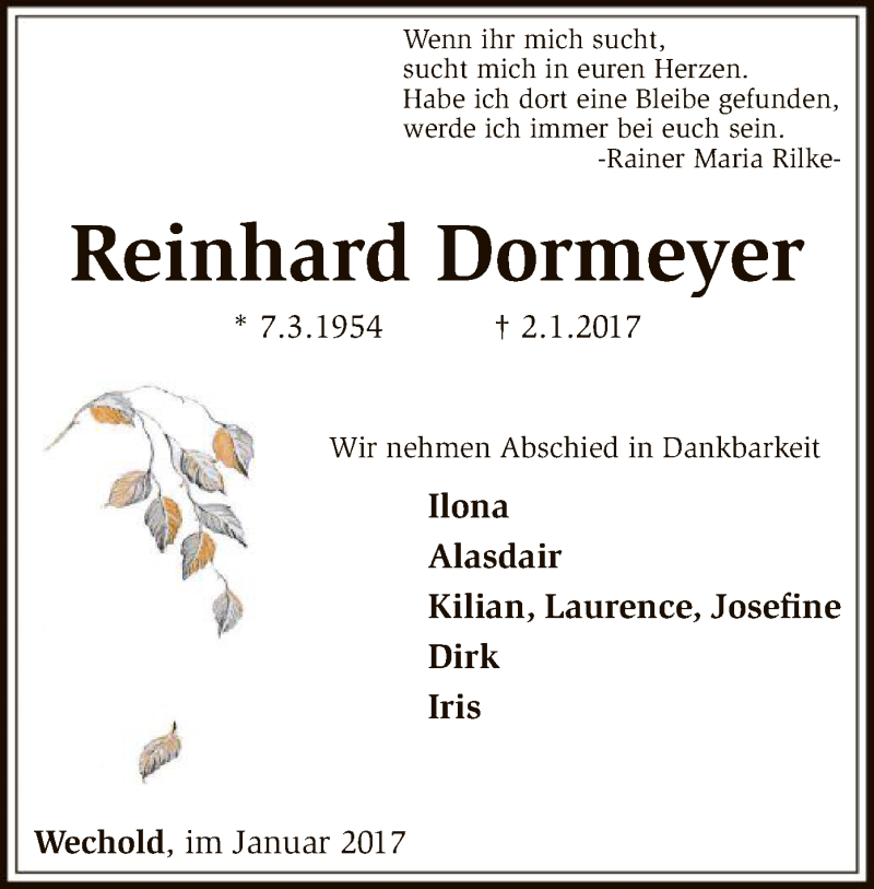  Traueranzeige für Reinhard Dormeyer vom 04.01.2017 aus SYK