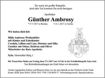 Traueranzeige von Günther Ambrosy von SYK