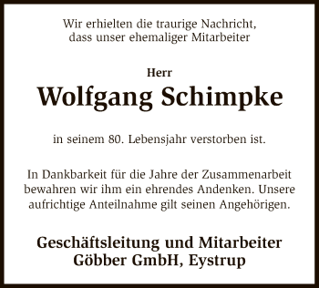 Traueranzeige von Wolfgang Schimpke von SYK