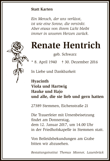 Traueranzeige von Renate Hentrich von SYK