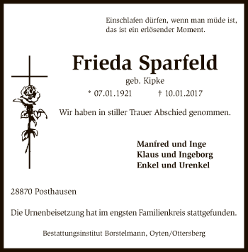 Traueranzeige von Frieda Sparfeld von SYK