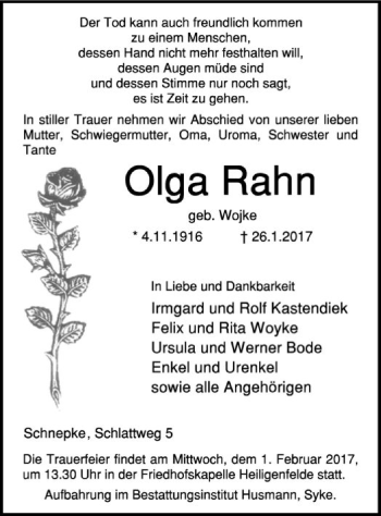 Traueranzeige von Olga Rahn von SYK