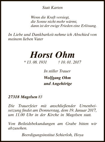 Traueranzeige von Horst Ohm von SYK