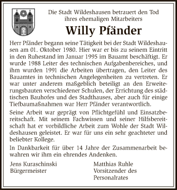 Traueranzeige von Willy Pfänder von SYK