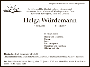 Traueranzeige von Helga Würdemann von SYK