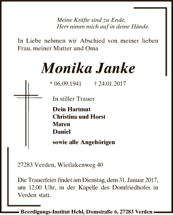 Traueranzeige von Monika Janke von SYK