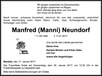 Traueranzeige von Manfred  Neundorf von SYK