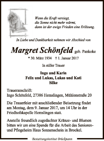 Traueranzeige von Margret Schönfeld von SYK