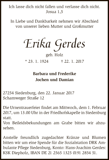 Traueranzeige von Erika Gerdes von SYK