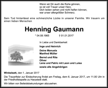 Traueranzeige von Henning Gaumann von SYK