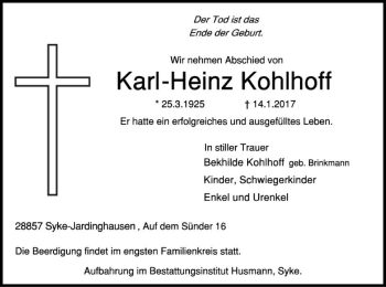 Traueranzeige von Karl-Heinz Kohlhoff von SYK