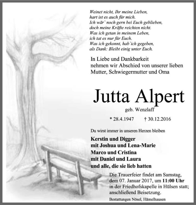  Traueranzeige für Jutta Alpert vom 04.01.2017 aus SYK