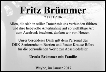 Traueranzeige von Fritz Brümmer von SYK