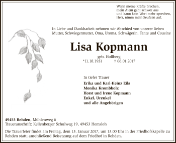 Traueranzeige von Lisa Kopmann von SYK