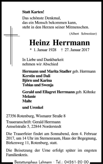 Traueranzeige von Heinz Herrmann von SYK