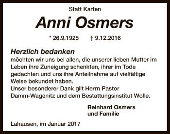 Traueranzeige von Anni Osmers von SYK