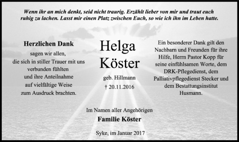  Traueranzeige für Helga Köster vom 21.01.2017 aus SYK