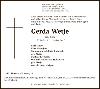 Traueranzeige von Gerda Wetje von SYK