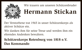 Traueranzeige von Hermann Stickan von SYK