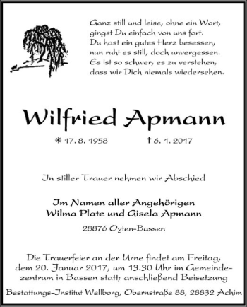 Traueranzeige von Wilfried Apmann von SYK