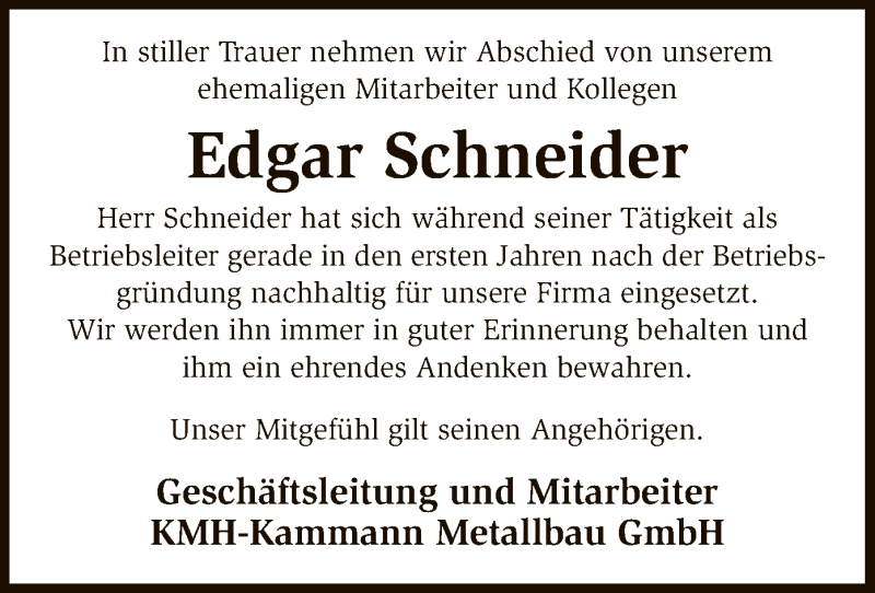  Traueranzeige für Edgar Schneider vom 27.01.2017 aus SYK