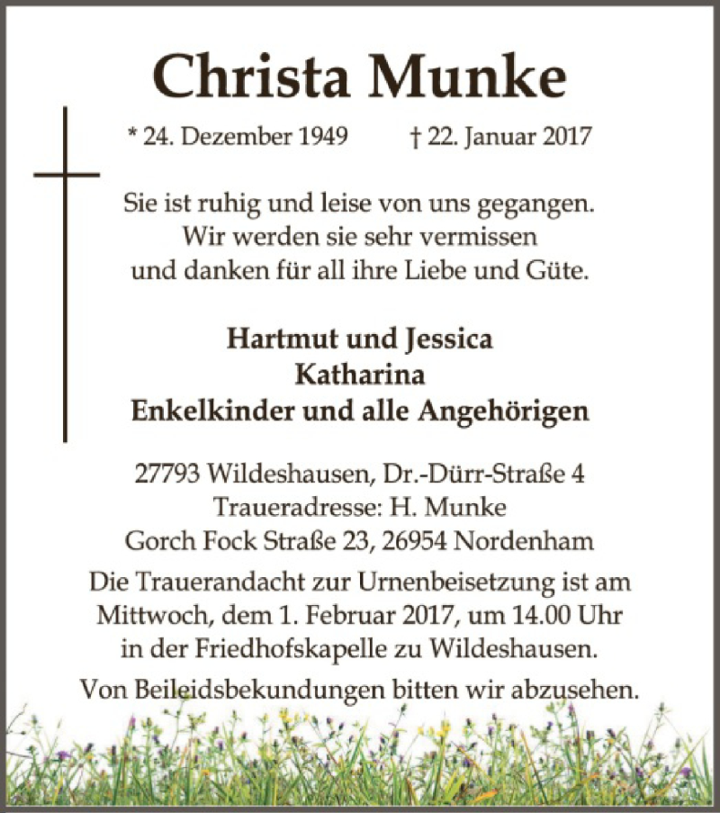  Traueranzeige für Christa Munke vom 28.01.2017 aus SYK