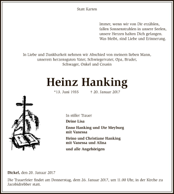 Traueranzeige von Heinz Hanking von SYK