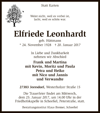 Traueranzeige von Elfriede Leonhardt von SYK