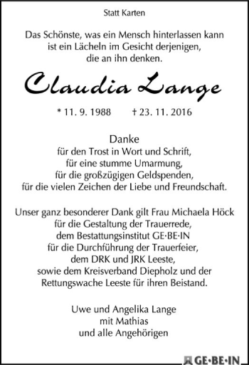 Traueranzeige von Claudia Lange von SYK