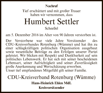 Traueranzeige von Humbert Settler von SYK