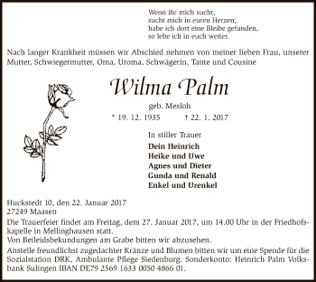 Traueranzeige von Wilma Palm von SYK