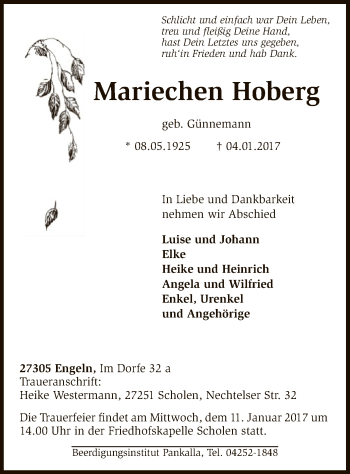 Traueranzeige von Mariechen Hoberg von SYK