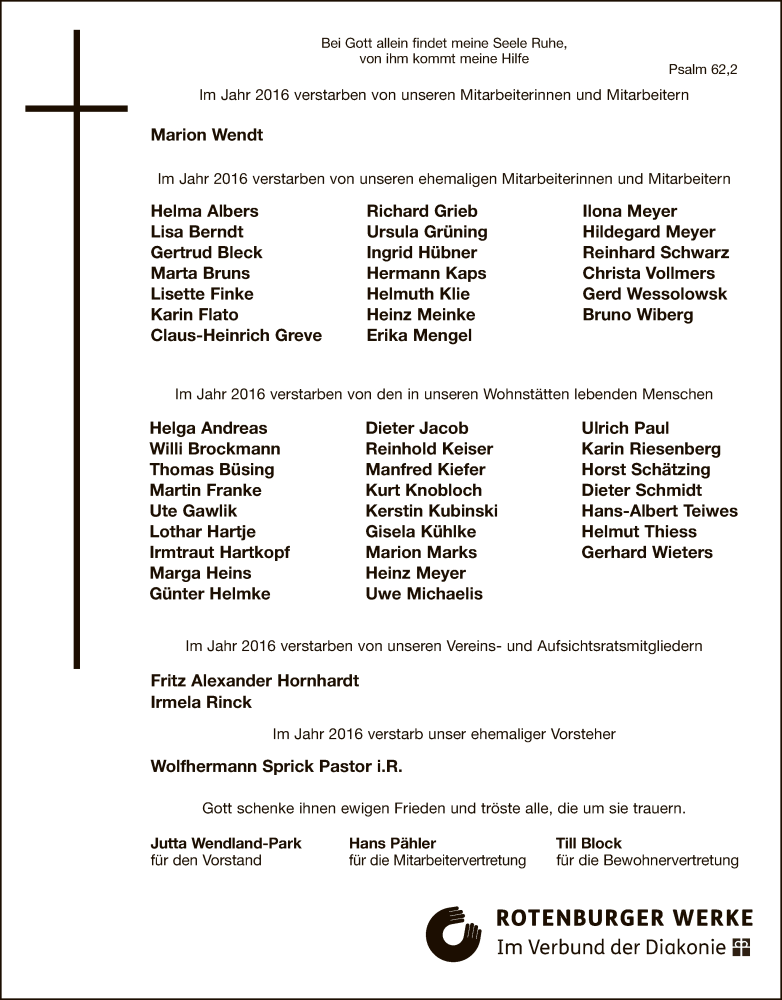  Traueranzeige für Rotenburger Werke gedenkt vom 21.01.2017 aus SYK