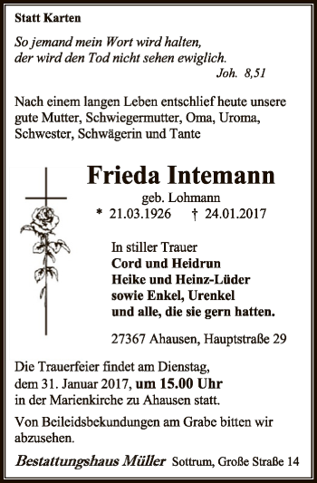 Traueranzeige von Frieda Intemann von SYK