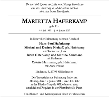 Traueranzeige von Marietta Haferkamp von SYK