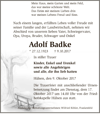 Traueranzeige von Adolf Badke von SYK