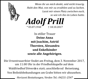 Traueranzeige von Adolf Prill von SYK