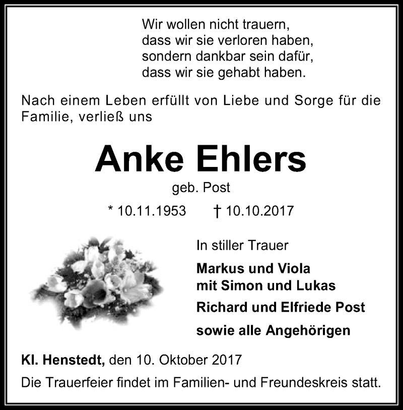 Renovering kold middag Traueranzeigen von Anke Ehlers | trauer.kreiszeitung.de